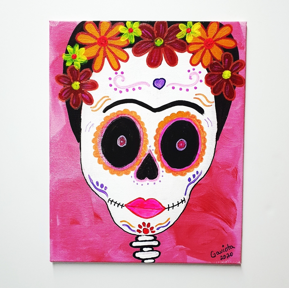 Frida Kahlo Sugar Skull 2 Acrylic Painting - Picture 2 of 6